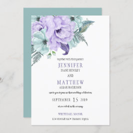 Invitación Watercolor Mint Lavender Purple Peonies Boda
