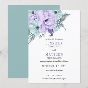 Invitación Watercolor Mint Lavender Purple Peonies Boda