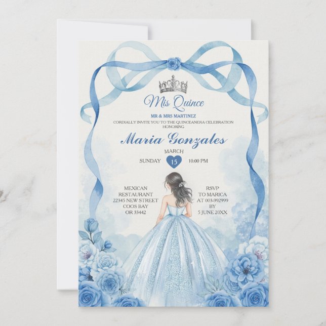 Invitación Watercolor Mis Quince Dusty Blue Quinceañera (Anverso)