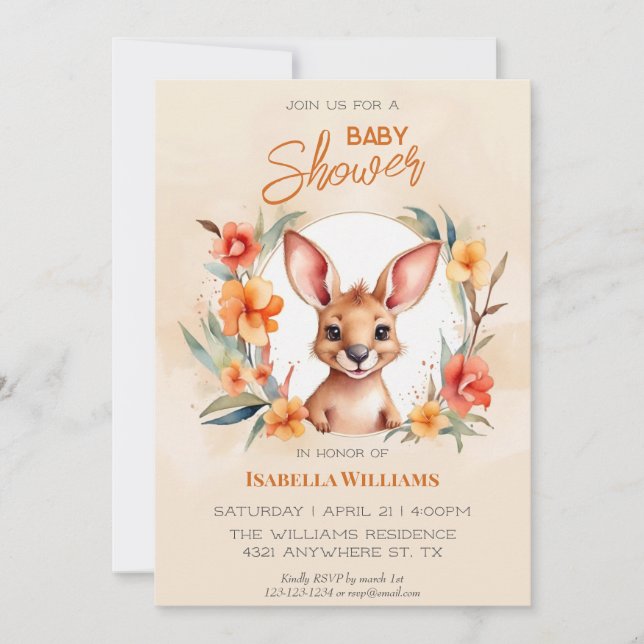Invitación Watercolor moderno Kangaroo Baby Shower (Anverso)