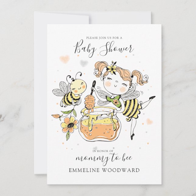 Invitación Watercolor Mommy To Bee Baby Shower  (Anverso)