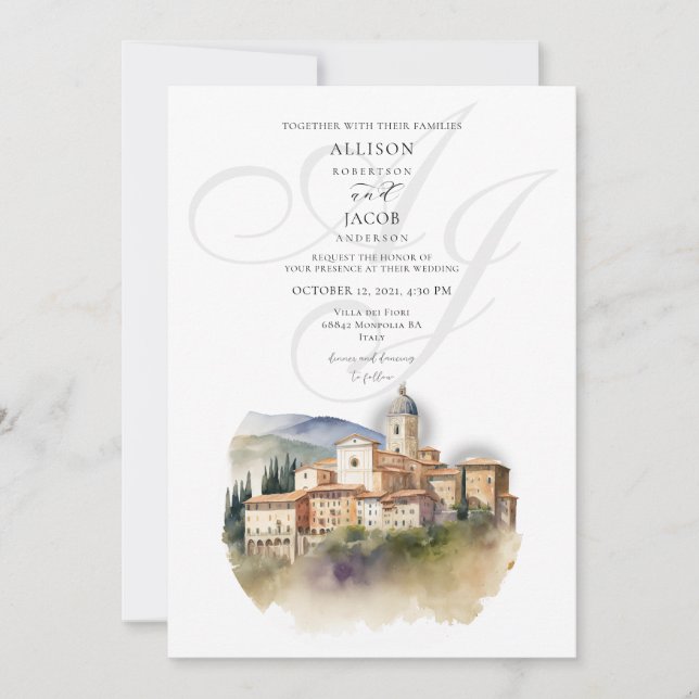 Invitación Watercolor Monograma italiano Matrimonio de destin (Anverso)