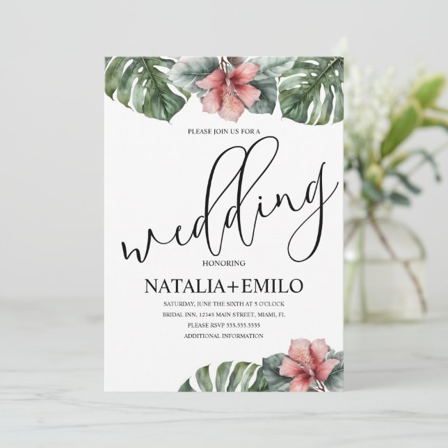 Invitación Watercolor Monstera Branch Greenery Boda (Anverso de pie)