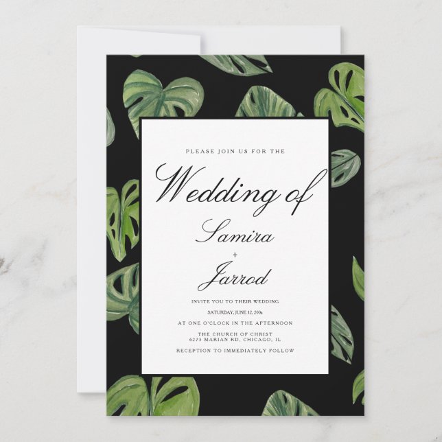 Invitación Watercolor Monstera y Adansonii Hojas Botánicas (Anverso)