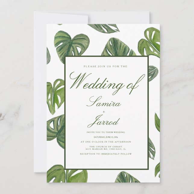 Invitación Watercolor Monstera y Adansonii Hojas Botánicas (Anverso)