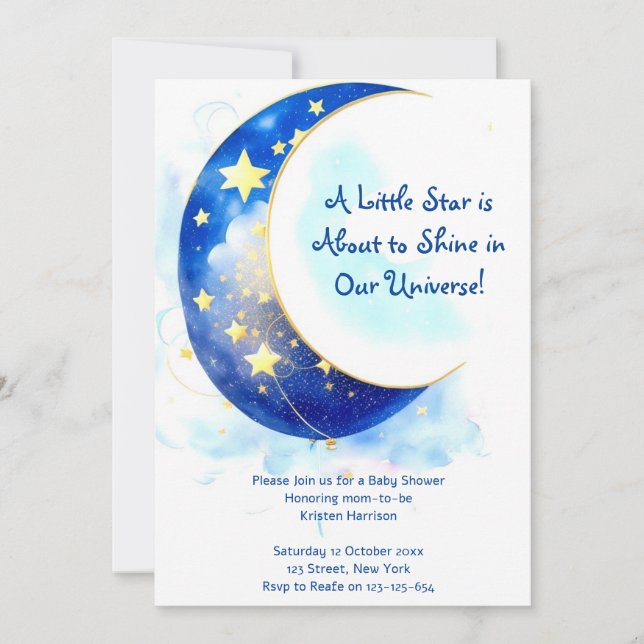 Invitación Watercolor Moon y Stars Baby Shower (Anverso)