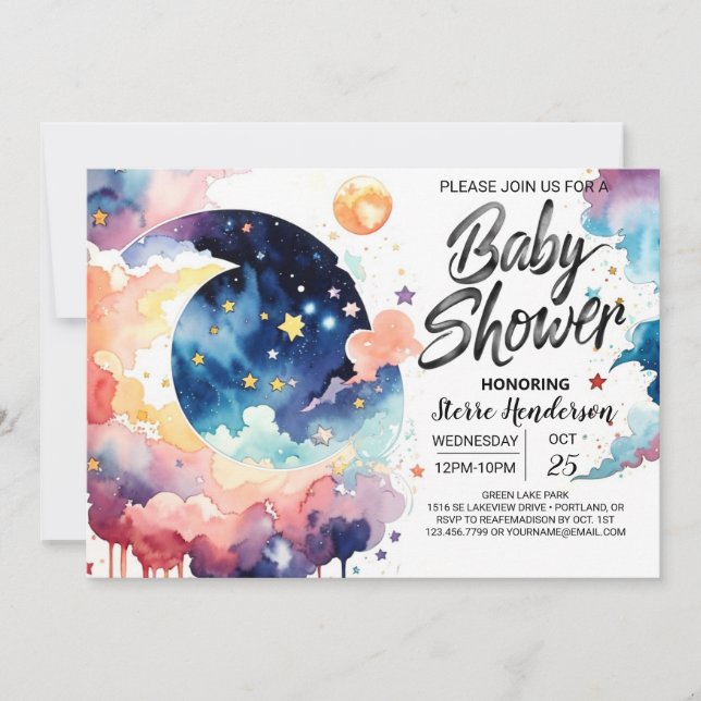 Invitación Watercolor Moon y Stars Baby Shower (Anverso)