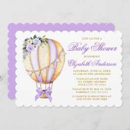 Invitación Watercolor Morado Floral Balón Bow Baby Shower