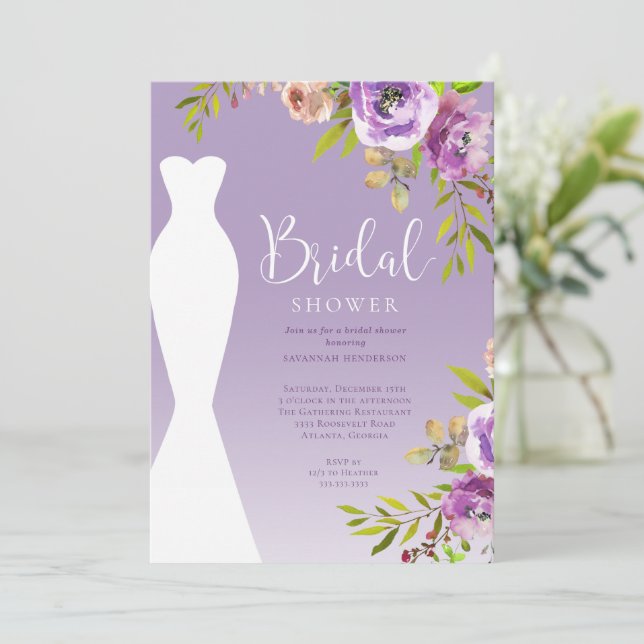 Invitación Watercolor Morado Floral Brillante (Anverso de pie)