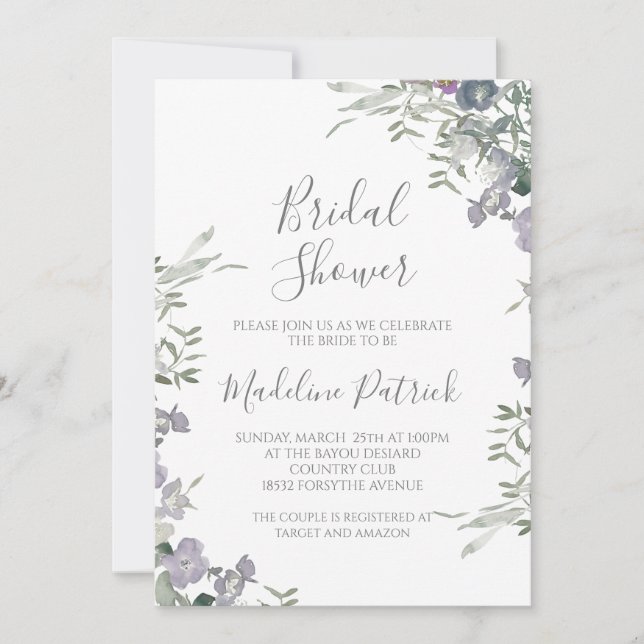 Invitación Watercolor Morado Floral Brillante (Anverso)