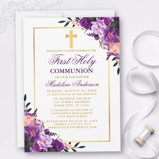 Invitación Watercolor Morado Floral Gold Primera Comunión (Customize to change text color, style, size or to add text to back of card.)