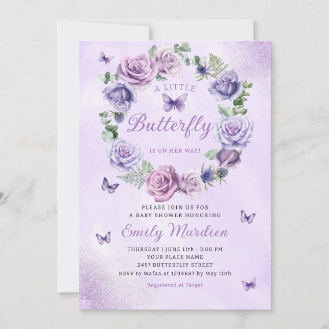 Invitación Watercolor Morado Mariposa Bebé Niña Baby Shower (Anverso)