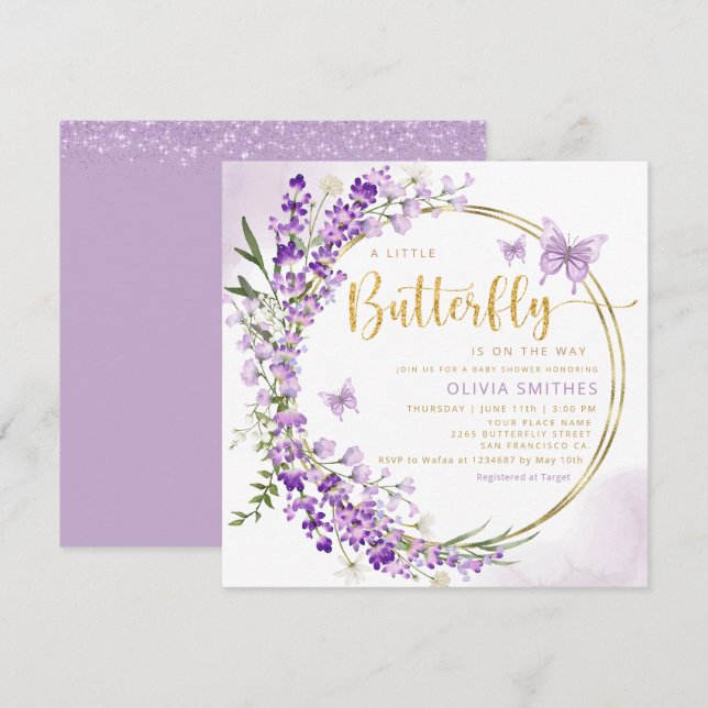 Invitación Watercolor Morado Mariposa Bebé Niña Baby Shower (Anverso / Reverso)