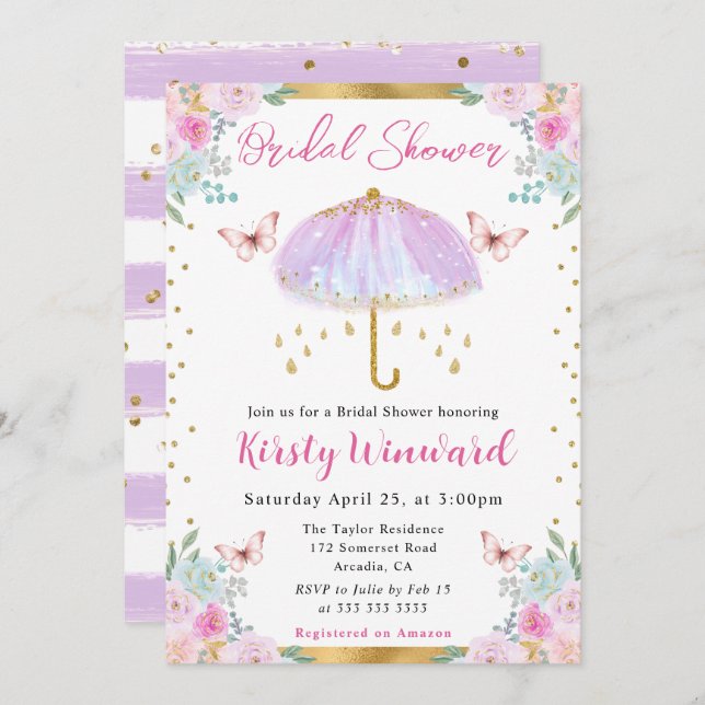 Invitación Watercolor Morado Primavera Paraguas Ducha de novi (Anverso / Reverso)