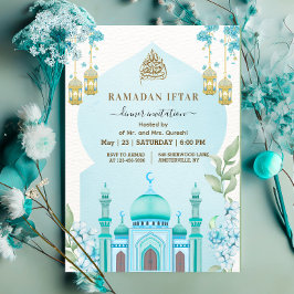 Invitación Watercolor Mosque Iftar Dinner Blue