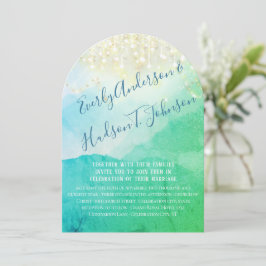 Invitación Watercolor Mountain Blue Green Gold Fairy Lights