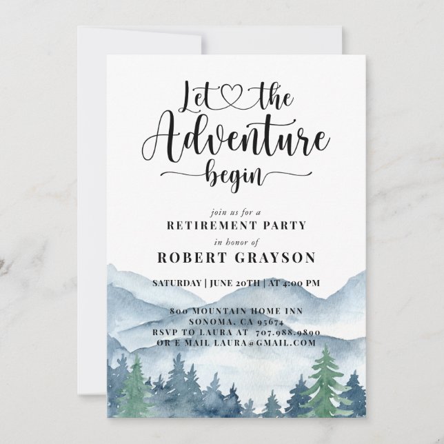 Invitación Watercolor Mountain Forest Retirement Party (Anverso)