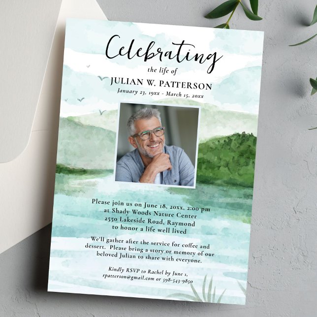 Invitación Watercolor Mountain Lake Celebration of Life Photo (Subido por el creador)