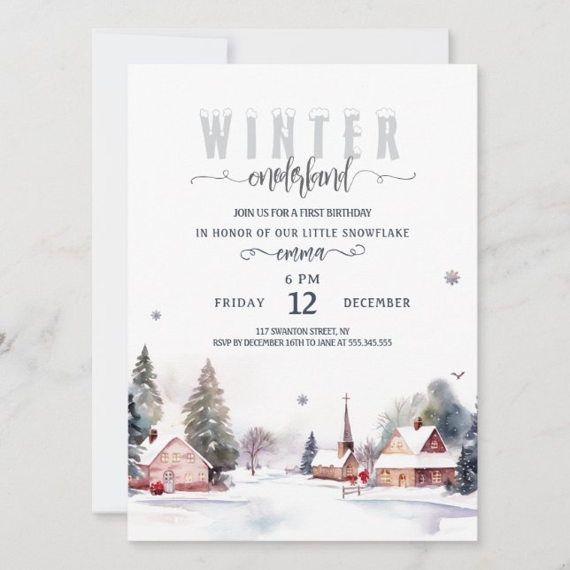 Invitación Watercolor Mountain Winter onederland  (Anverso)