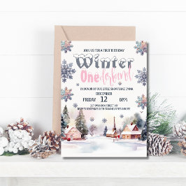 Invitación Watercolor Mountain Winter Wonderland Pink