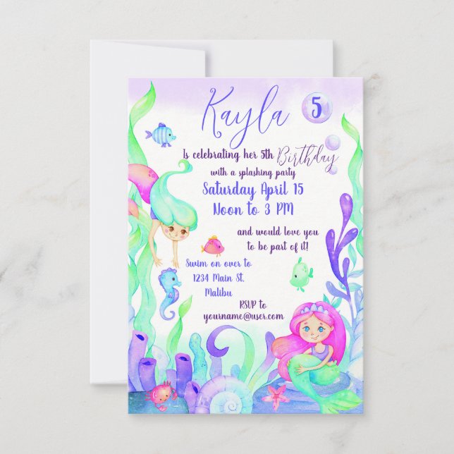 Invitación Watercolor murmaids personalizado de fiesta de cum (Anverso)