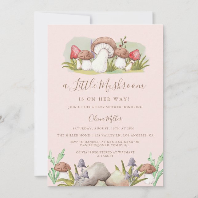 Invitación Watercolor Mushroom Baby Shower (Anverso)