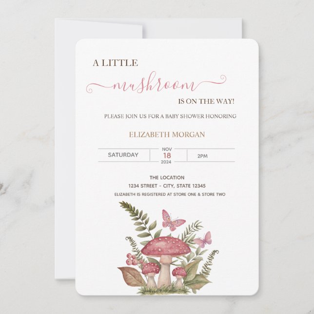 Invitación Watercolor Mushrooms Butterflies Baby Shower (Anverso)