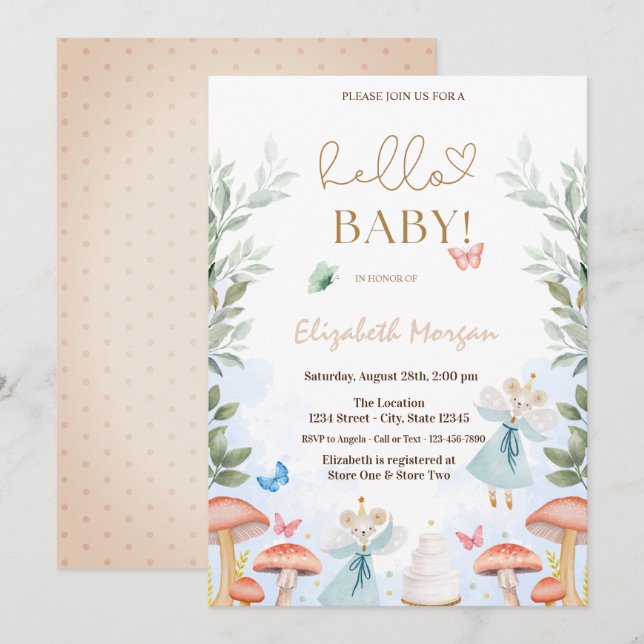 Invitación Watercolor Mushrooms Butterflies Dots Baby Shower (Anverso / Reverso)