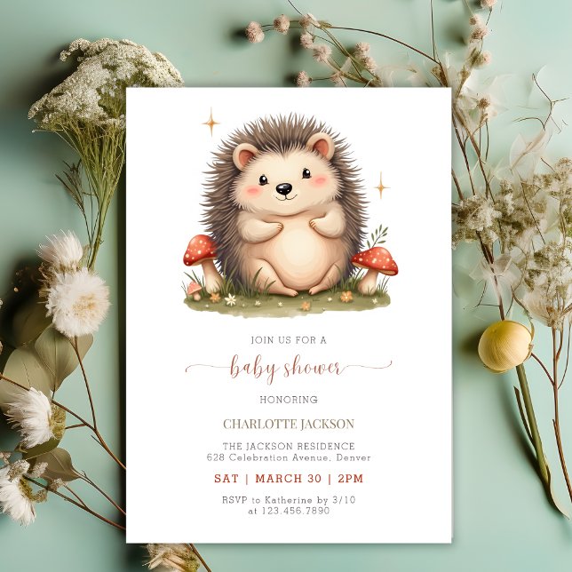 Invitación Watercolor Mushrooms Cute Hedgehog Baby Shower (Watercolor Mushrooms Cute Hedgehog Baby Shower Invitation)