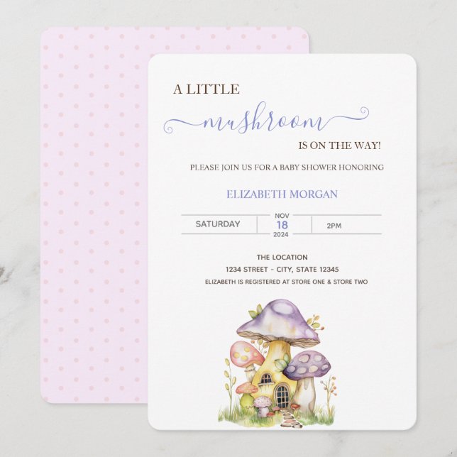 Invitación Watercolor Mushrooms Doted Baby Shower (Anverso / Reverso)