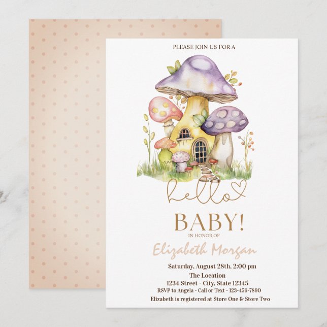 Invitación Watercolor Mushrooms Flowers Dots Baby Shower (Anverso / Reverso)