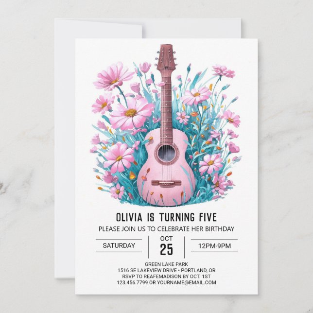 Invitación Watercolor Music Magic Guitar Birday (Anverso)