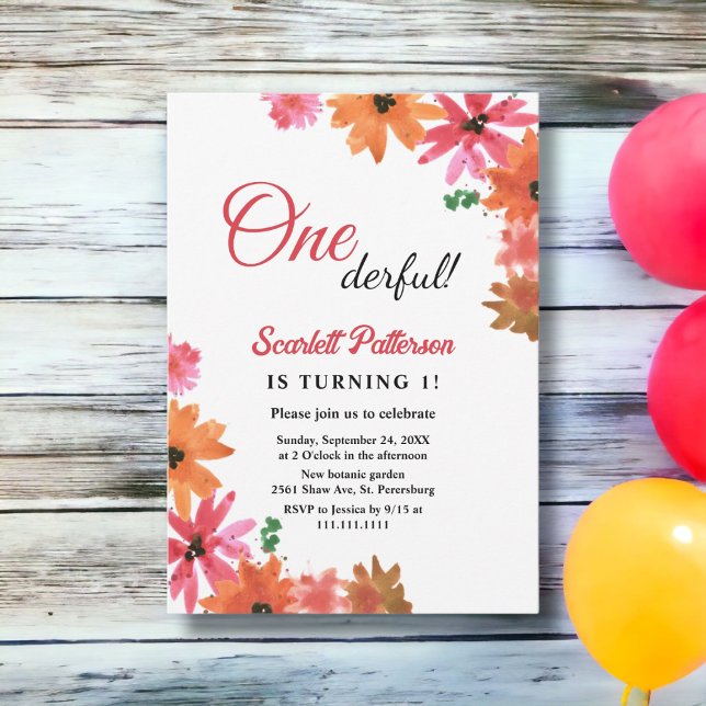 Invitación Watercolor Naranja rosa Caída Floral Primer cumple (Subido por el creador)