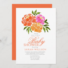 Invitación Watercolor Naranja rosa caliente Baby Shower flora