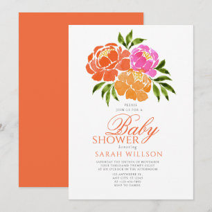 Invitación Watercolor Naranja rosa caliente Baby Shower flora