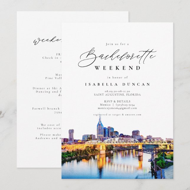 Invitación Watercolor Nashville Bachelorette Itinerary y (Anverso / Reverso)