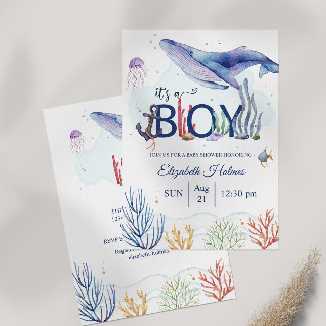 Invitación Watercolor Nautical Adventure Baby Shower (Watercolor Nautical Adventure Baby Shower Invitation on table)