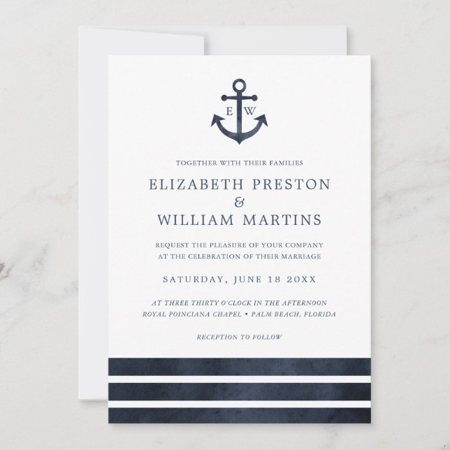 Invitación Watercolor Nautical Anchor Stripes Ocean Boda (Anverso)