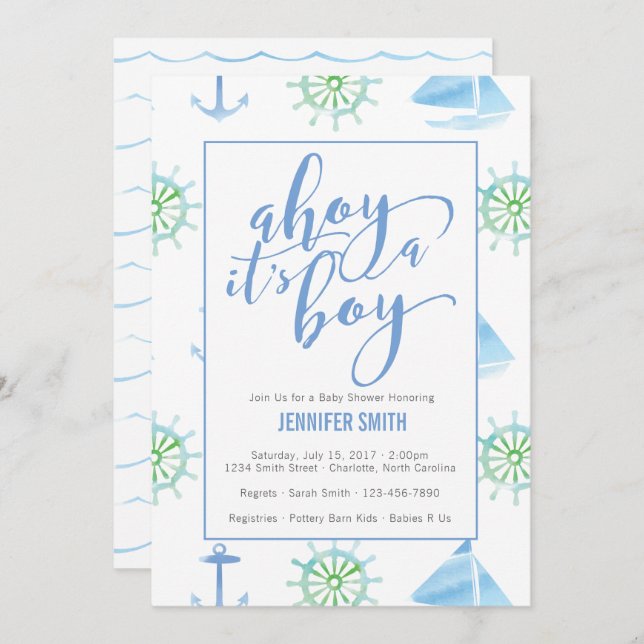 Invitación Watercolor Nautical Boy Baby Shower (Anverso / Reverso)