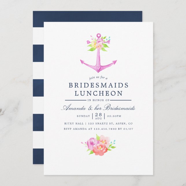 Invitación Watercolor Nautical Floral Bridesmaids Luncheon (Anverso / Reverso)