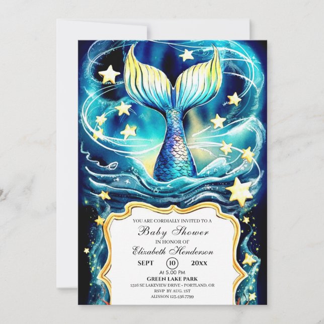 Invitación Watercolor Nautical Mermaid Baby Shower (Anverso)