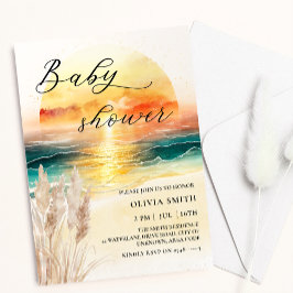 Invitación Watercolor Nautical Ocean Sunset Beach Baby Shower