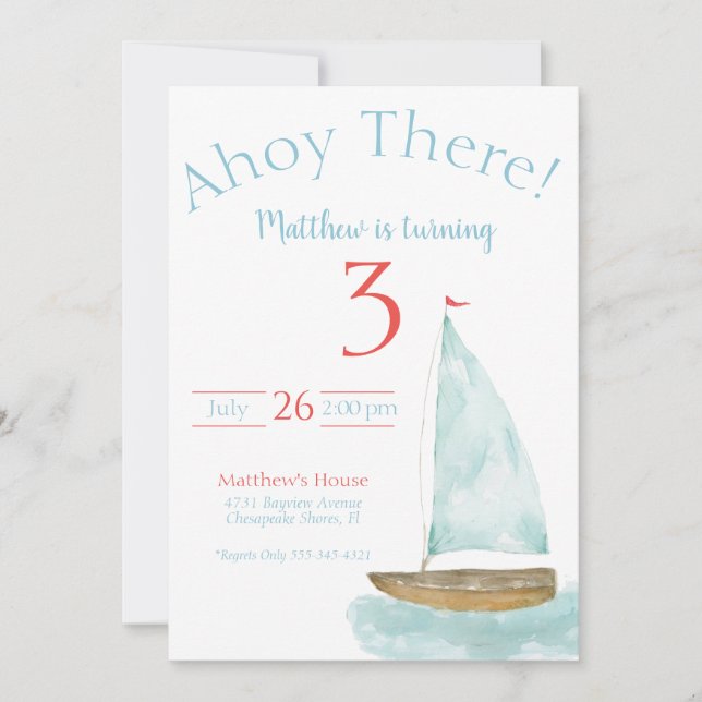Invitación Watercolor Nautical Sailboat Birthday  (Anverso)