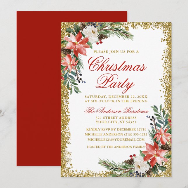 Invitación Watercolor Navidades de Poinsettia Fiesta Purpurin (Anverso / Reverso)