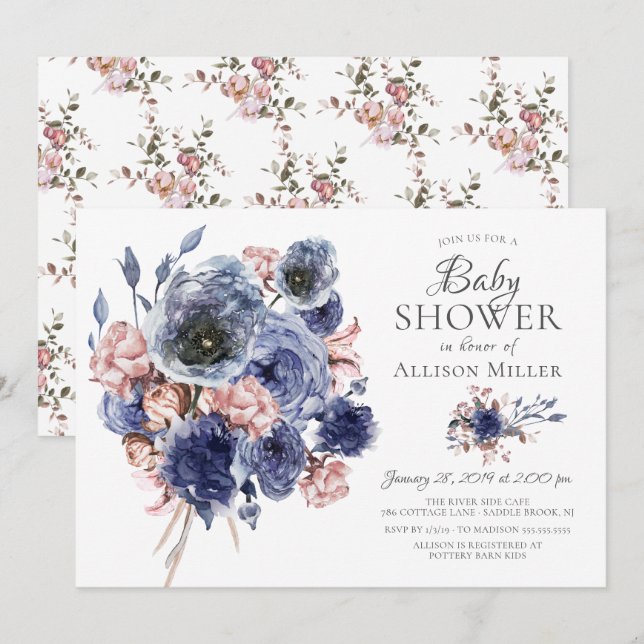 Invitación Watercolor Navy Rubor Floral Baby Shower (Anverso / Reverso)