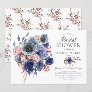 Invitación Watercolor Navy Rubor Floral Bridal Shower