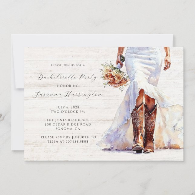Invitación Watercolor Novia Boots Bachelorette Party (Anverso)