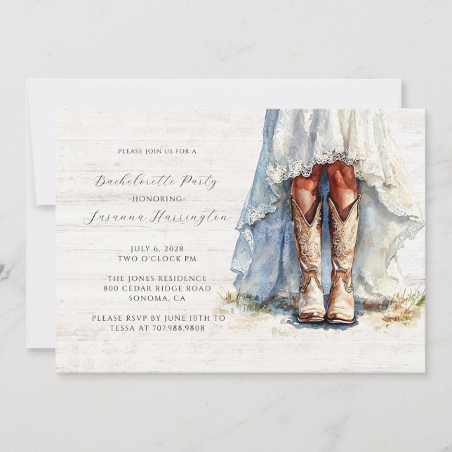 Invitación Watercolor Novia Boots Bachelorette Party (Anverso)