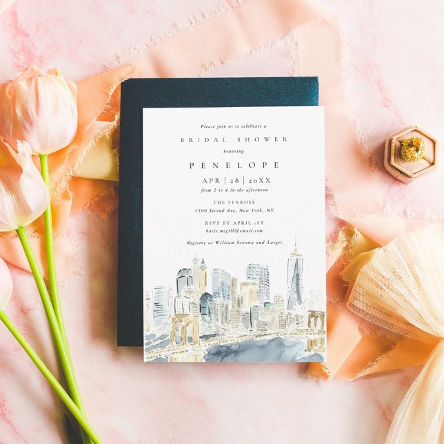 Invitación Watercolor Nueva York Skyline Brillante Shower (New York City skyline watercolor bridal shower invitation.)
