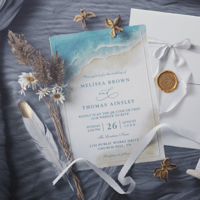 Invitación Watercolor Ocean Beach Coastal QR Code Wedding (Subido por el creador)